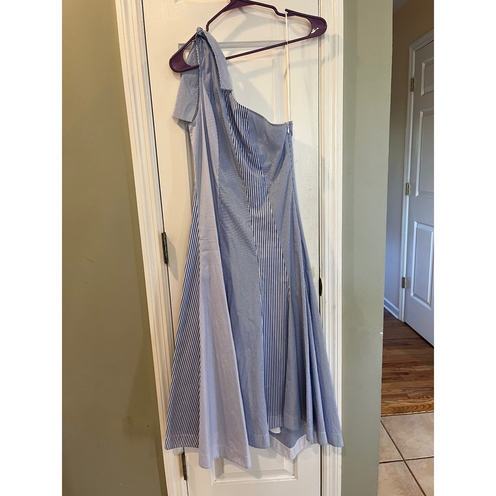 Theory Mixed Stripe One Shoulder Cotton Midi Dress Blue White Asymmetric Sz 2
